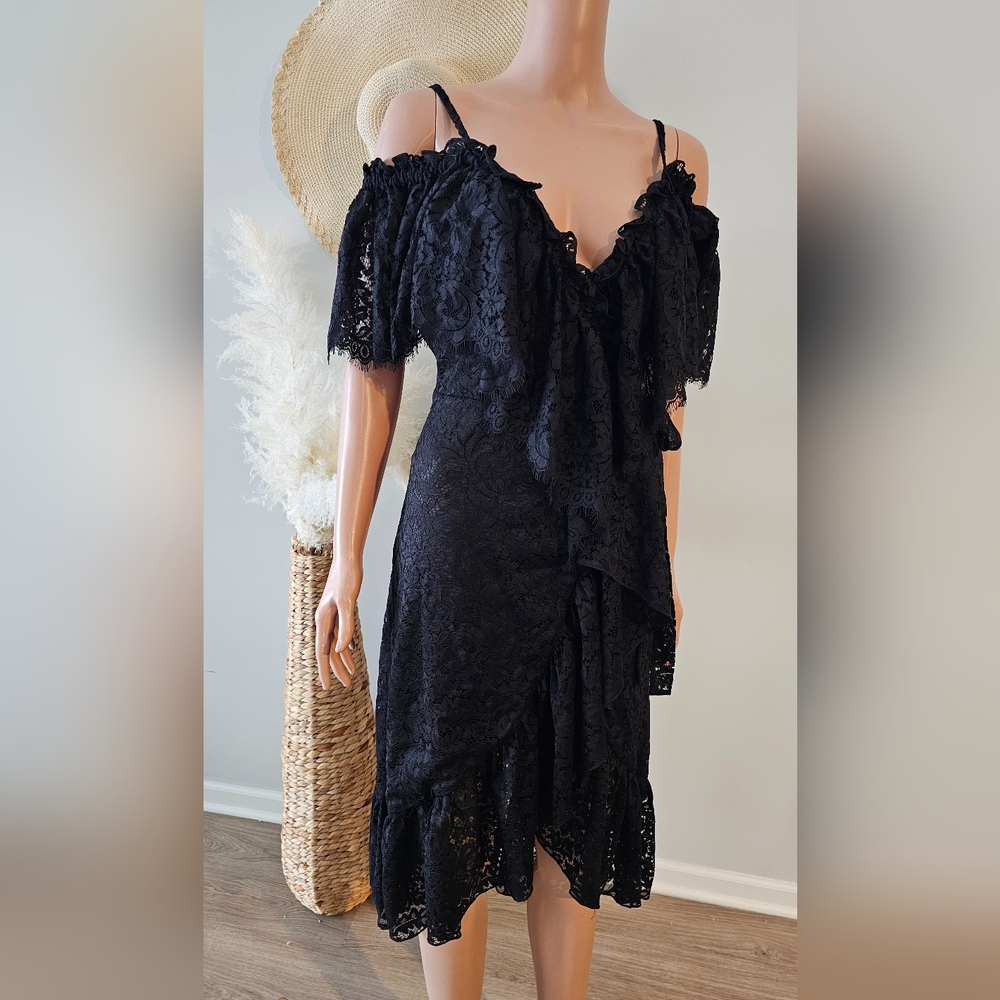 Hale Bob Black Lace Ruffle Off Shoulder Wrap Midi Dress